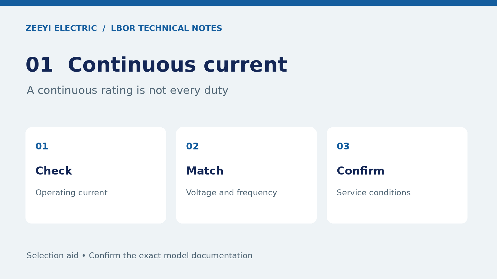 Continuous-current review: operating requirement, voltage and frequency, and service conditions.
